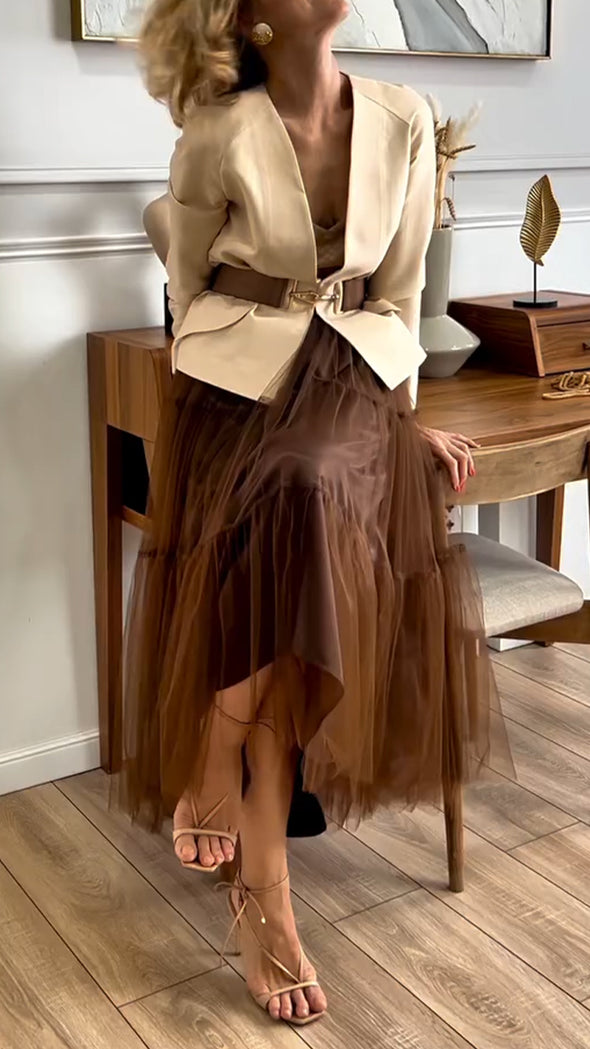 Women Round-neck Jacket + Mesh Spliced Skirt Casual Suit
