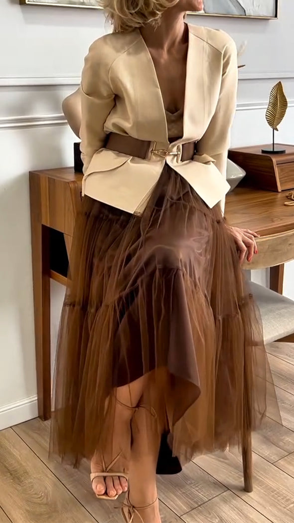 Women Round-neck Jacket + Mesh Spliced Skirt Casual Suit