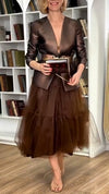 Women Round-neck Jacket + Mesh Spliced Skirt Casual Suit