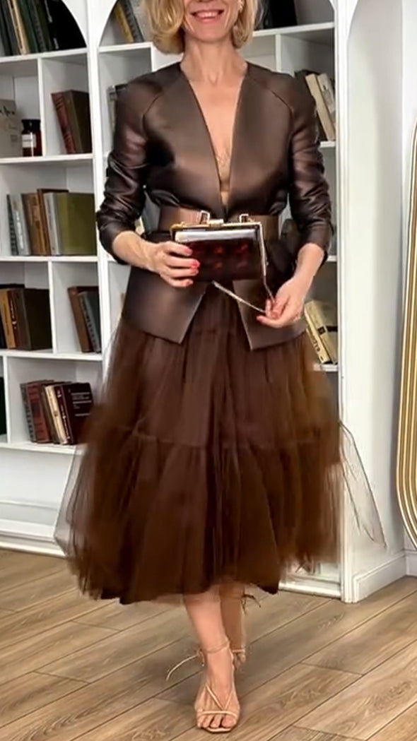 Women Round-neck Jacket + Mesh Spliced Skirt Casual Suit