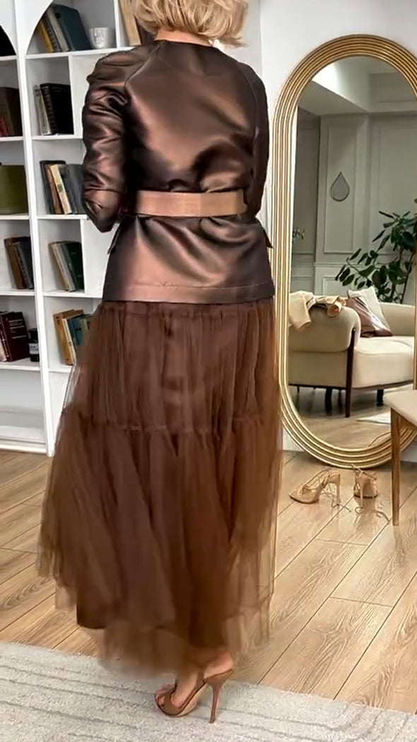 Women Round-neck Jacket + Mesh Spliced Skirt Casual Suit