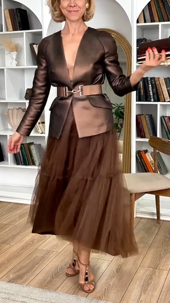 Women Round-neck Jacket + Mesh Spliced Skirt Casual Suit