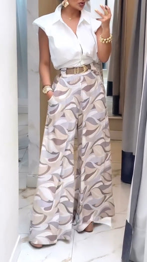 Women Lapel Shirt + Printed Pants Temperament Casual Suit