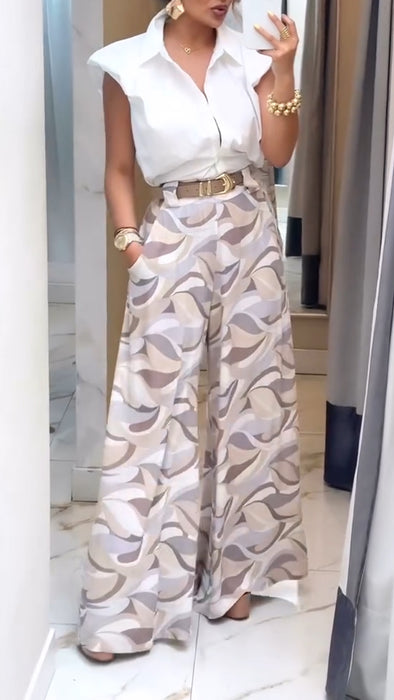 Women Lapel Shirt + Printed Pants Temperament Casual Suit