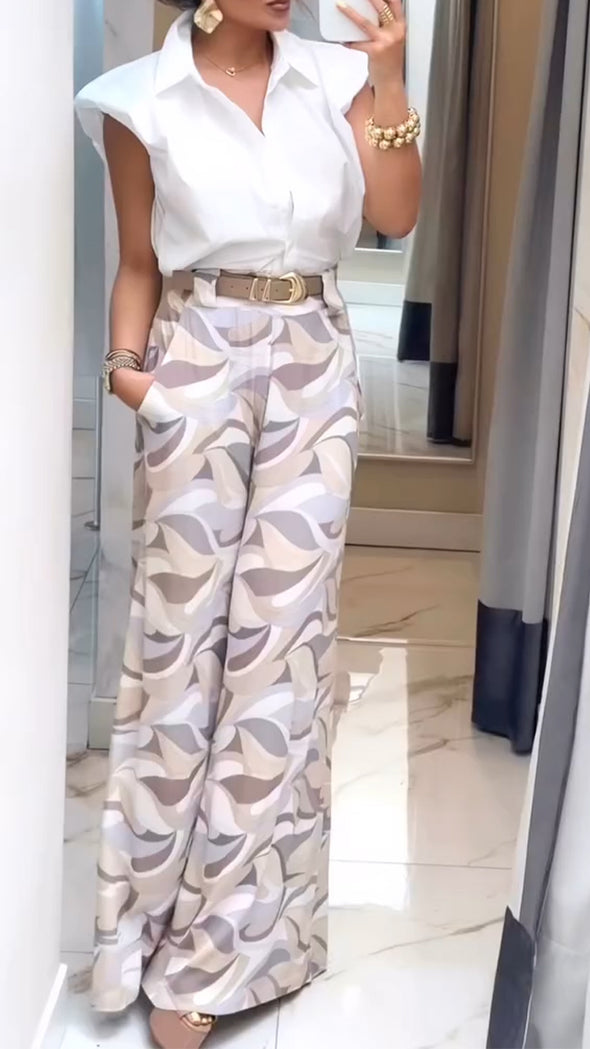 Women Lapel Shirt + Printed Pants Temperament Casual Suit
