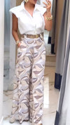 Women Lapel Shirt + Printed Pants Temperament Casual Suit