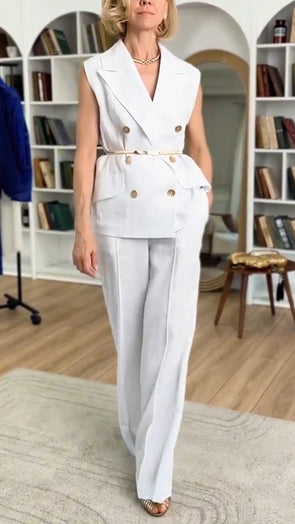 Women Lapel Button Top + Pants Temperament Casual Suit