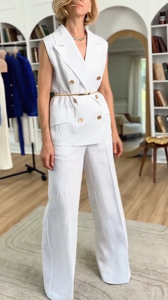 Women Lapel Button Top + Pants Temperament Casual Suit