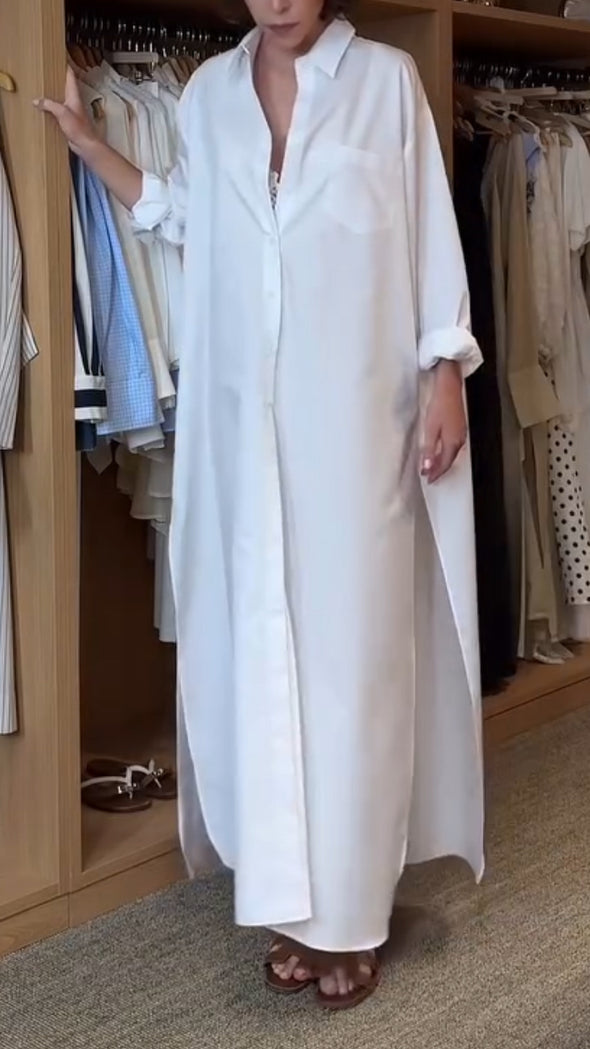 Women Lapel Solid Color Casual Shirt Dress