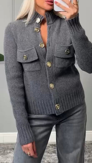 Women Round Neck Breasted Knitted Casual Sweater