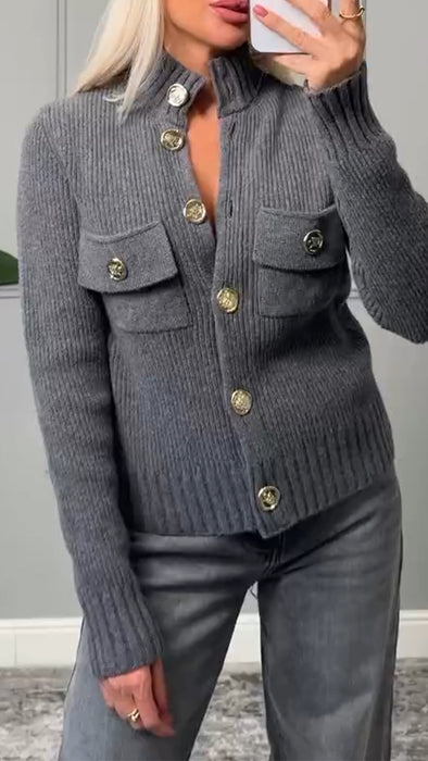 Women Round Neck Breasted Knitted Casual Sweater