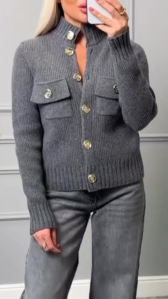 Women Round Neck Breasted Knitted Casual Sweater