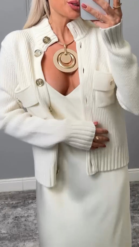 Women Round Neck Breasted Knitted Casual Sweater