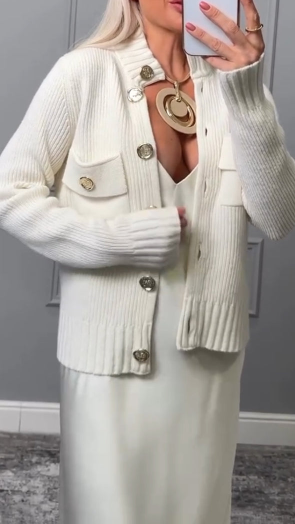 Women Round Neck Breasted Knitted Casual Sweater