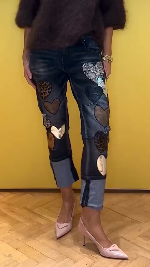 Women Round Neck Sweater + Printed Spliced Casual Jeans