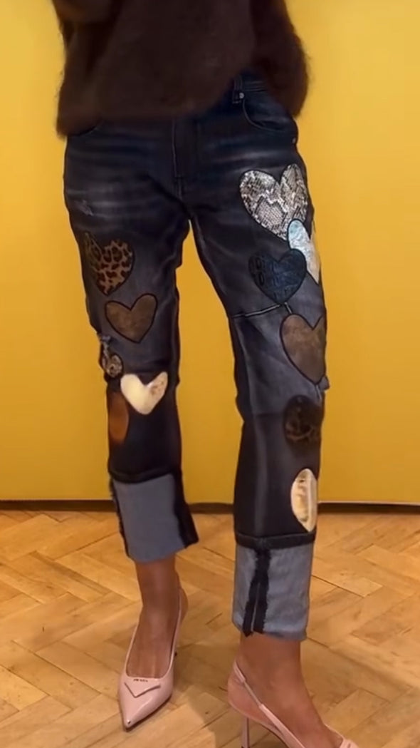 Women Round Neck Sweater + Printed Spliced Casual Jeans