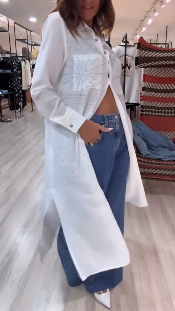 Ladies Lapel Breasted Rhinestone Casual Cardigan