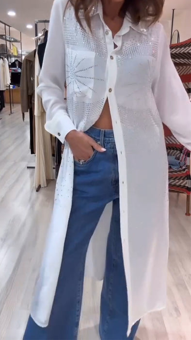 Ladies Lapel Breasted Rhinestone Casual Cardigan