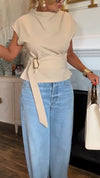 Women Round Neck Waistband Strap Metal Buckle Casual Top