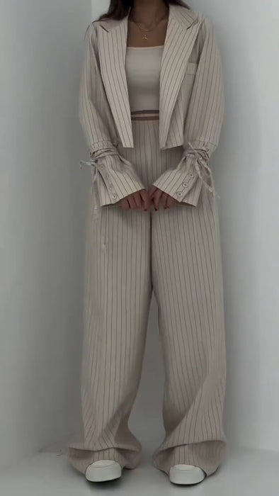 Women Lapel Vertical Pattern Jacket + Pants Temperament Casual Suit