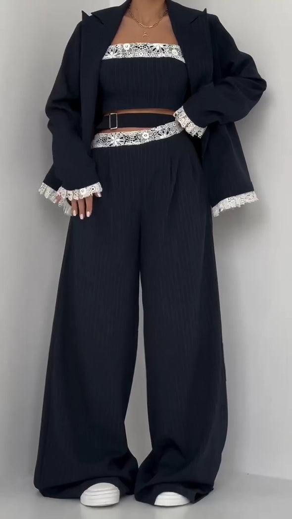 Women Splicing Printed Temperament Casual Three-piece Set