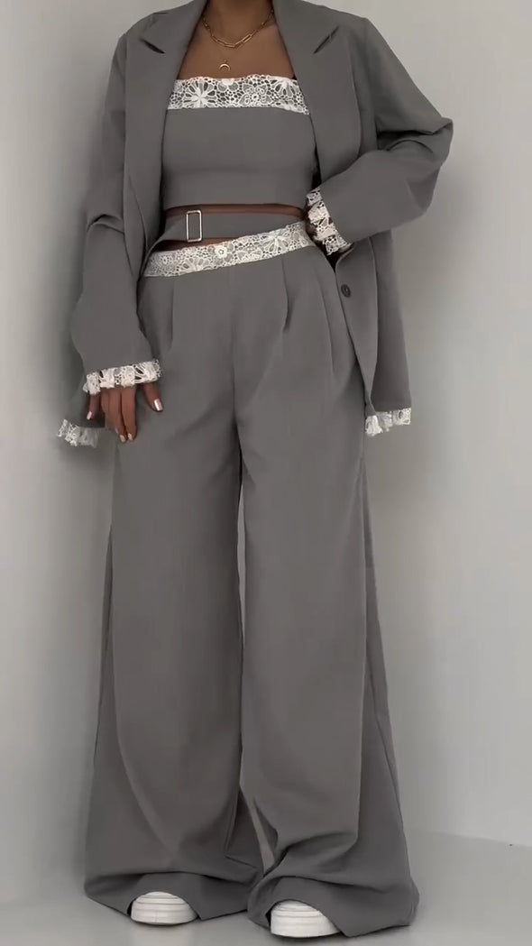 Women Splicing Printed Temperament Casual Three-piece Set