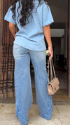 Women lapel breasted top + washing hollow pants casual suit