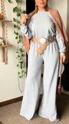 Women Round Neck Shoulder Hollow Top + Pants Casual Suit