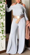 Women Round Neck Shoulder Hollow Top + Pants Casual Suit