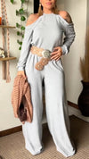 Women Round Neck Shoulder Hollow Top + Pants Casual Suit