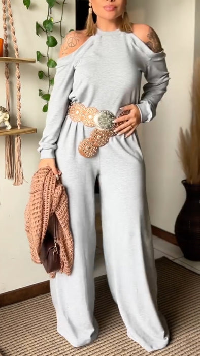 Women Round Neck Shoulder Hollow Top + Pants Casual Suit