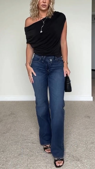 Women Oblique Collar Solid Color Top + Wash Jeans Casual Suit