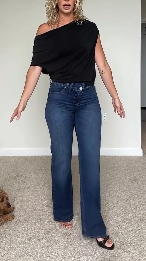 Women Oblique Collar Solid Color Top + Wash Jeans Casual Suit