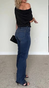 Women Oblique Collar Solid Color Top + Wash Jeans Casual Suit