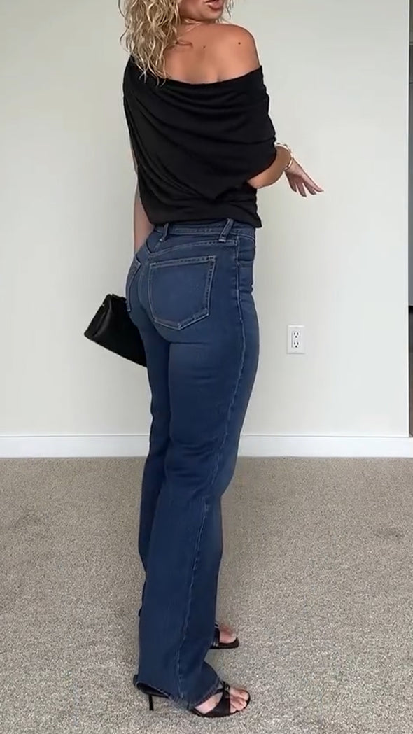 Women Oblique Collar Solid Color Top + Wash Jeans Casual Suit