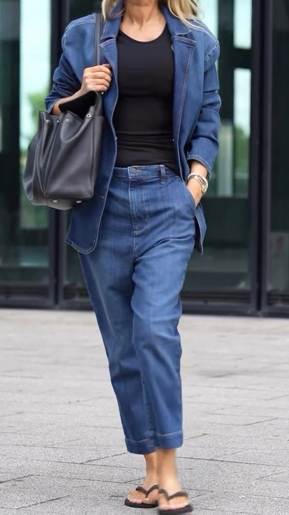 Women Lapel Jacket + Pants Temperament Commuter Denim Set