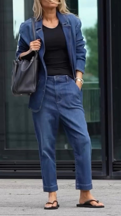 Women Lapel Jacket + Pants Temperament Commuter Denim Set