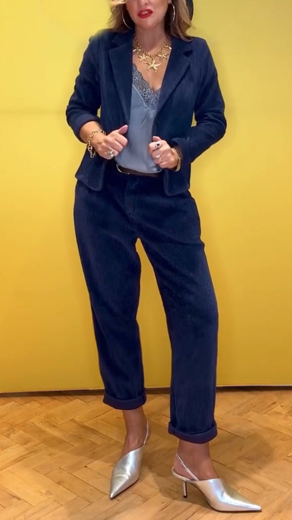Womens Lapel Jacket + Pants Solid Color Temperament Commuter Set