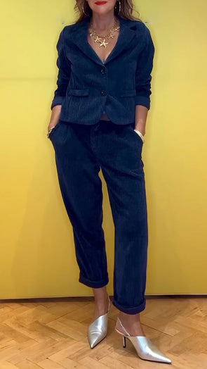 Womens Lapel Jacket + Pants Solid Color Temperament Commuter Set