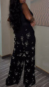 Women Round Neck Solid Color Top + Pearl Print Casual Set