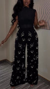 Women Round Neck Solid Color Top + Pearl Print Casual Set