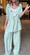 Women Lapel Jacket + Pants Solid Color Temperament Commuter Set
