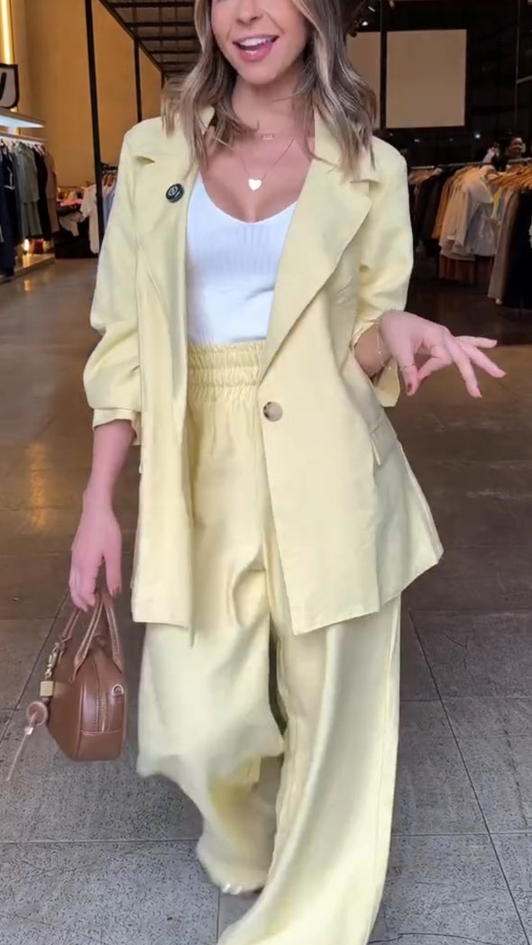 Women Lapel Jacket + Pants Solid Color Temperament Commuter Set