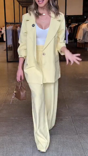 Women Lapel Jacket + Pants Solid Color Temperament Commuter Set