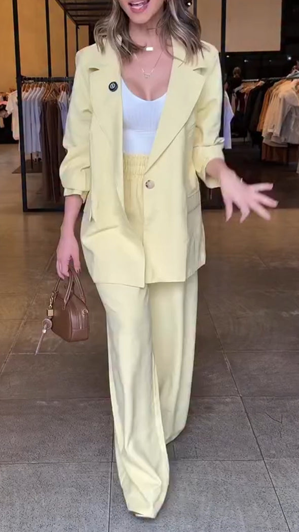 Women Lapel Jacket + Pants Solid Color Temperament Commuter Set