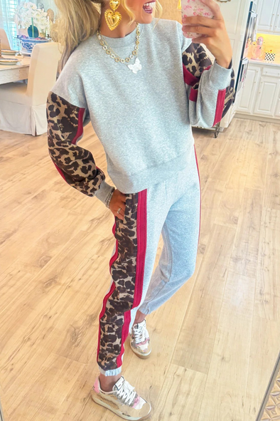 Women Round Neck Splicing Printed Casual Set