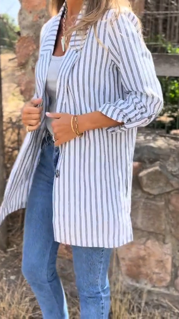 Women Lapel Vertical Pattern Casual Blazer