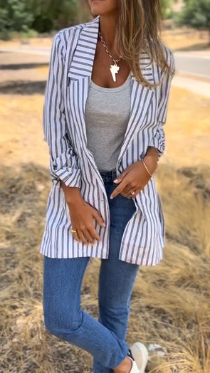 Women Lapel Vertical Pattern Casual Blazer
