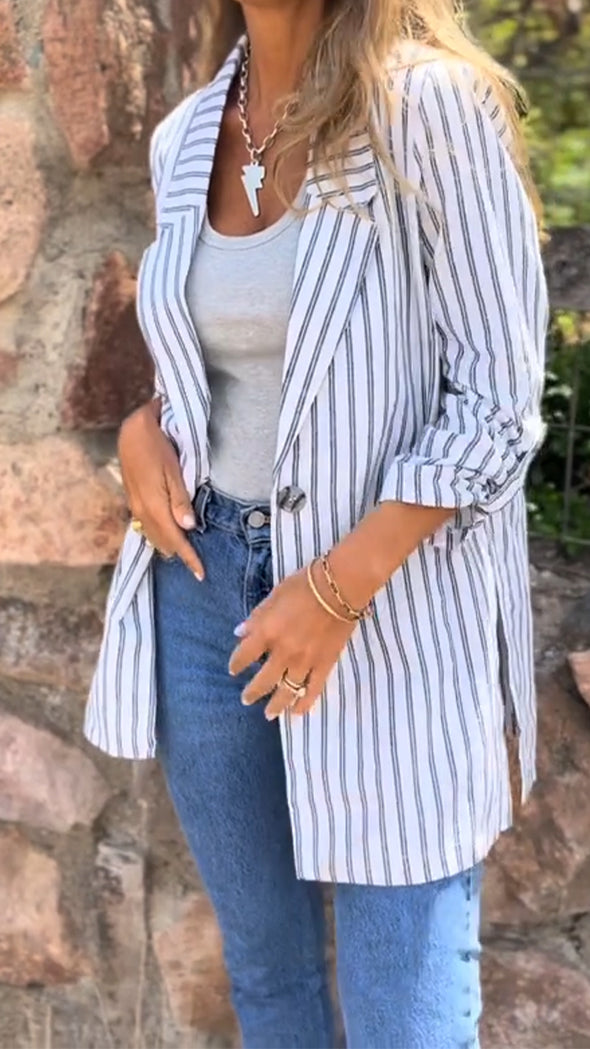 Women Lapel Vertical Pattern Casual Blazer
