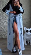 Women Lapel Spliced Denim Slit Casual Long Coat